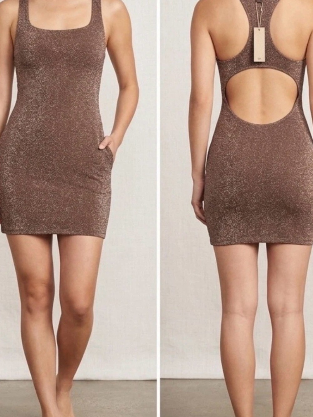 SKIMS Shimmer Cutout Bodycon Mini Dress in Brown